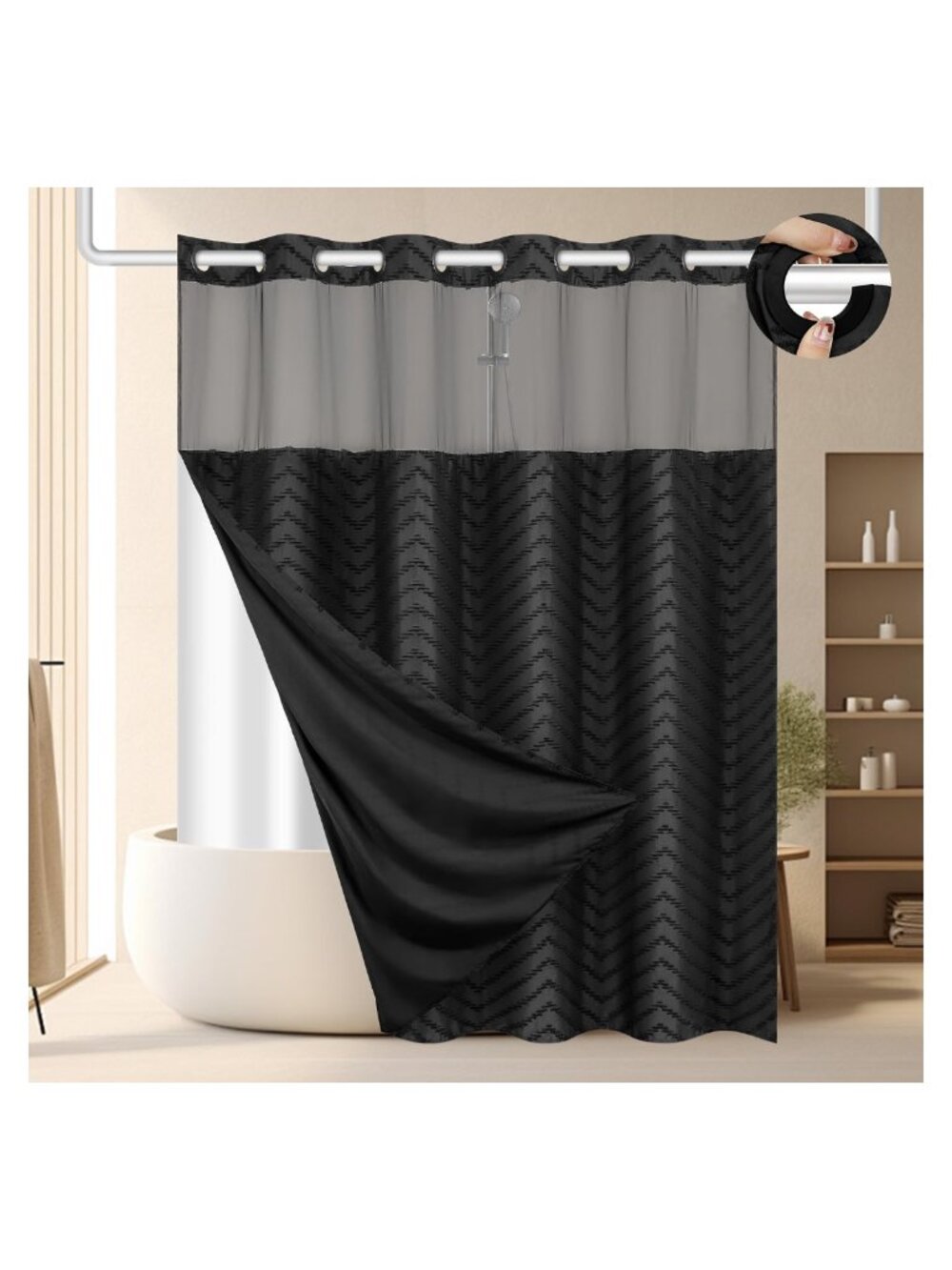 No Hook Shower Curtain Set with Snap in Liner, 71x74 Polyester Fabric
